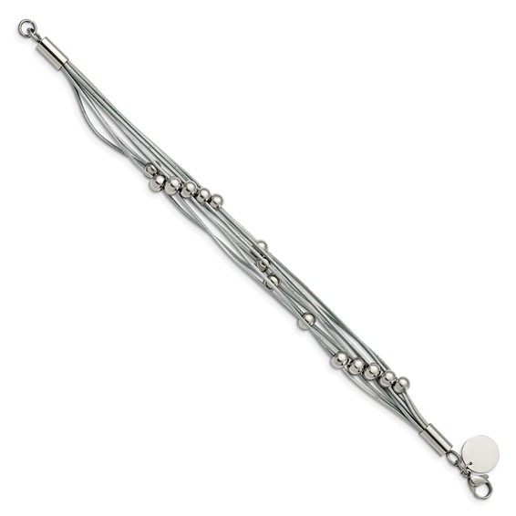Chisel Stainless Steel Polished Beaded Multi-Strand Grey Leather 8 inch Bracelet