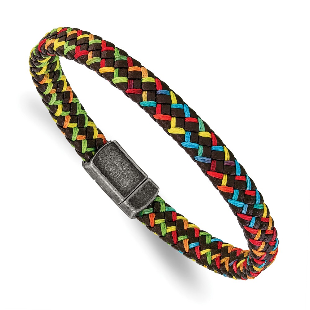 Stainless Steel Antiqued Brown Leather with Multi-colored Nylon Bracelet