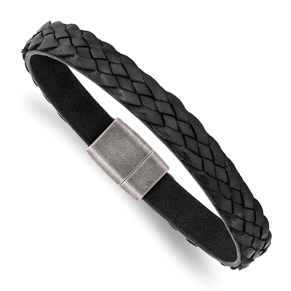 Stainless Steel Antiqued Black Braided Leather 8.25in Bracelet