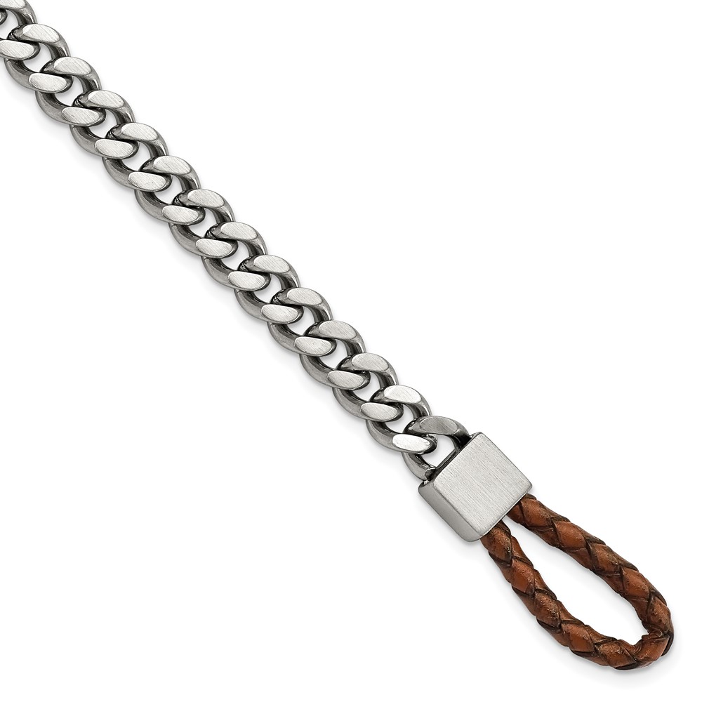 Stainless Steel Brushed & Polished Chain w/Brown Leather Hook Bracelet