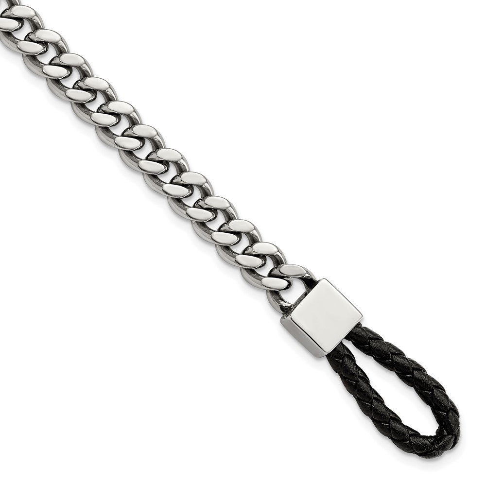 Stainless Steel Polished Curb Chain w/Black Leather Hook 8.25in Bracelet
