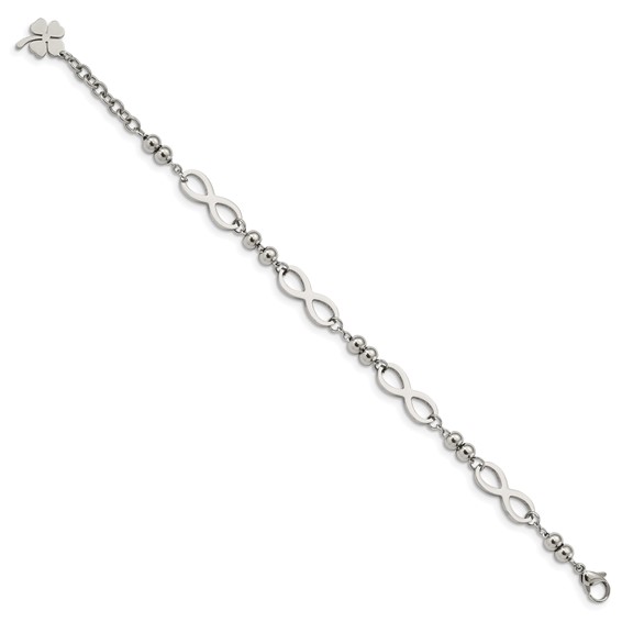 Chisel Stainless Steel Polished Infinity Symbol Link with 4 Leaf Clover Charm 6.5 inch Bracelet with 1 inch Extension
