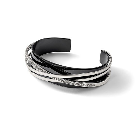 Chisel Stainless Steel Polished Black IP-plated with Crystals Layered Cuff Bangle