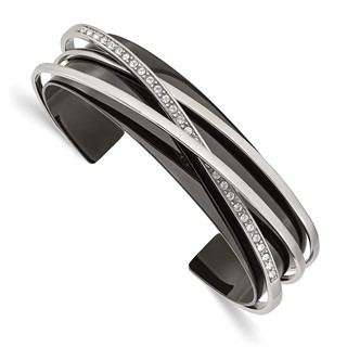 Chisel Stainless Steel Polished Black IP-plated with Crystals Layered Cuff Bangle