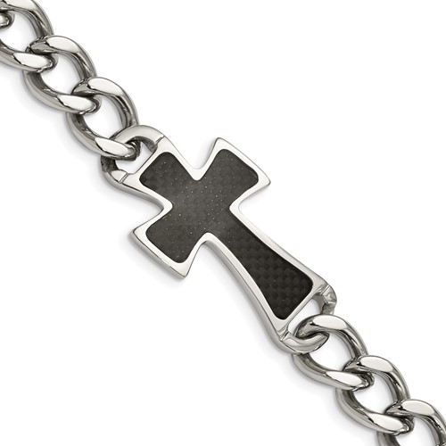 Chisel Stainless Steel Polished Bracelet with Black Carbon Fiber Inlay Cross, 8.5"