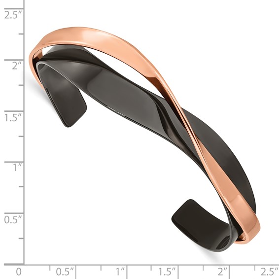 Chisel Stainless Steel Polished Black and Rose IP-plated Layered and Twisted Cuff Bangle