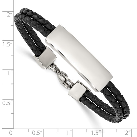 Chisel Stainless Steel Polished Black Leather 2 Strand 7 inch ID Bracelet