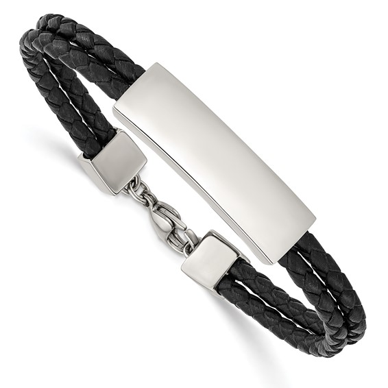 Chisel Stainless Steel Polished Black Leather 2 Strand 7 inch ID Bracelet