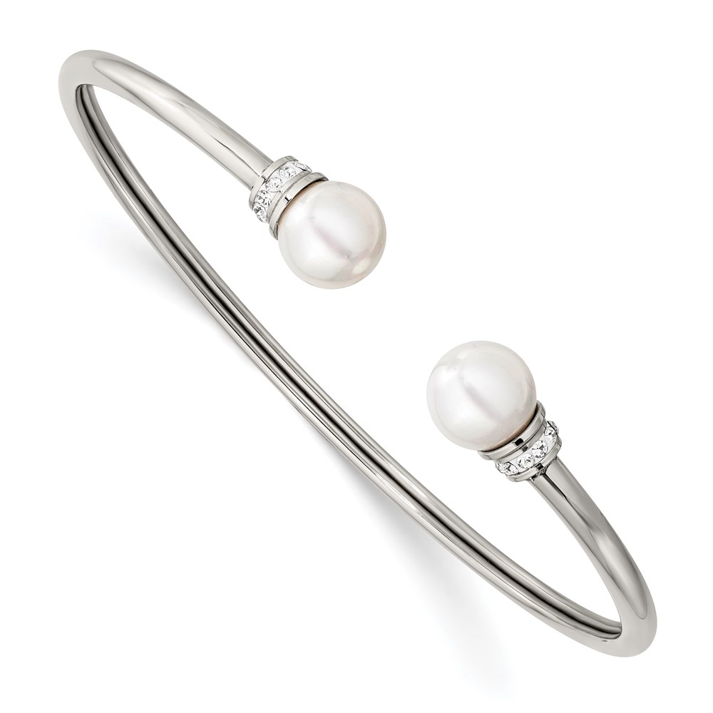 Stainless Steel Polished Preciosa Crystal & Imit. Shell Pearl Bangle