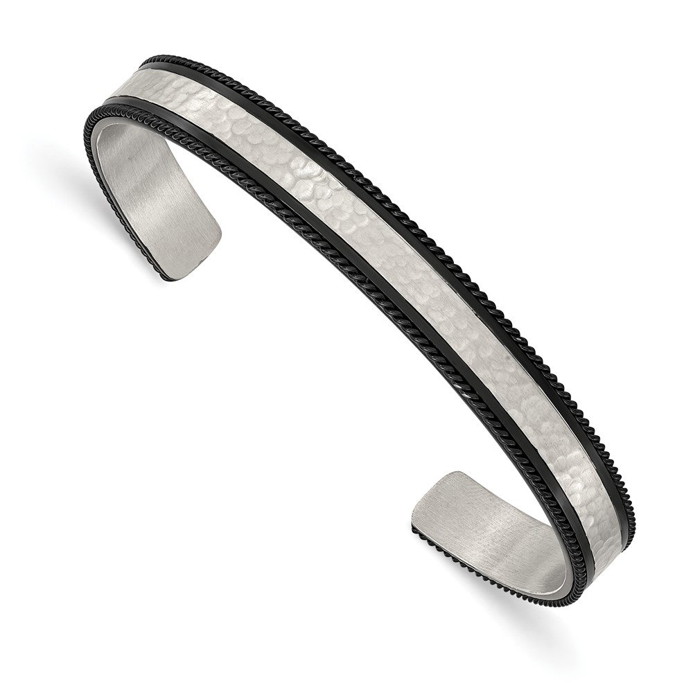 Stainless Steel Brushed Polished & Hammered Black IP Wire Edge Bangle