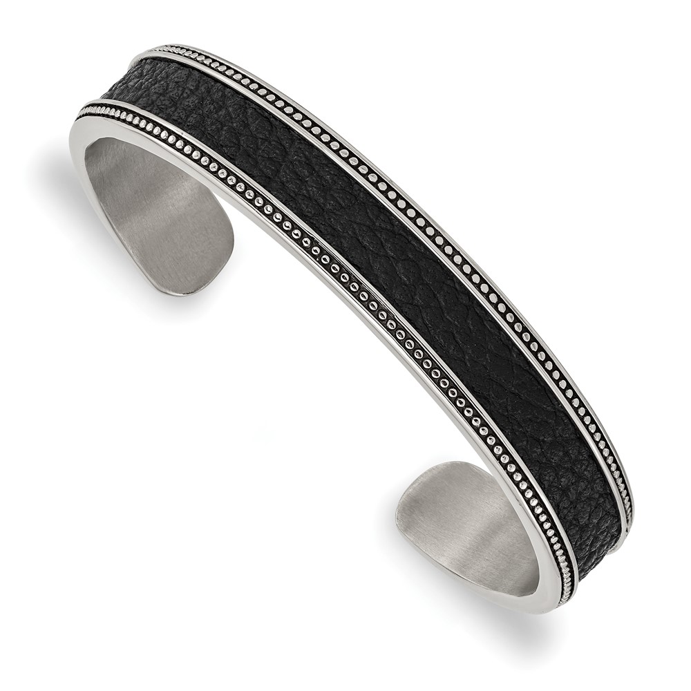 Stainless Steel Antiqued & Polished w/Textured Leather Inlay 12mm Bangle