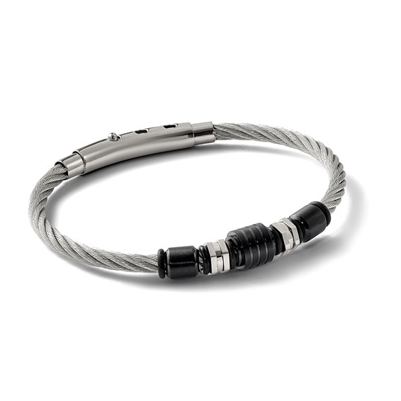 Chisel Stainless Steel Brushed and Polished Black IP-plated and Black Rubber Adjustable 8 to 8.75 inch Bracelet