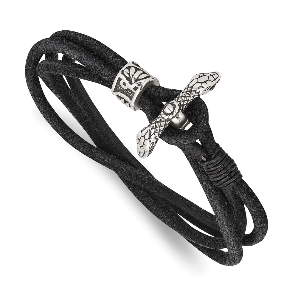 Stainless Steel Antiqued & Polished Snake Suede 16.5in Wrap Bracelet
