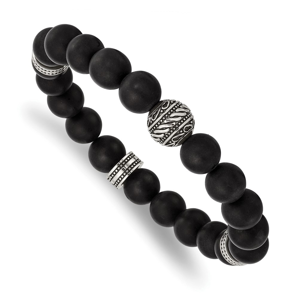 Stainless Steel Antiqued and Polished Black Agate Beaded Stretch Bracelet