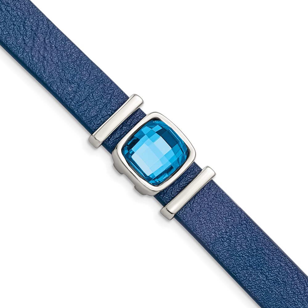 Stainless Steel Polished Blue Leather w/Crystal w/1.25in ext. 7in Bracelet