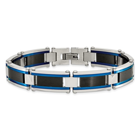 Chisel Stainless Steel Brushed and Polished Black and Blue IP-plated 8.75 inch Link Bracelet