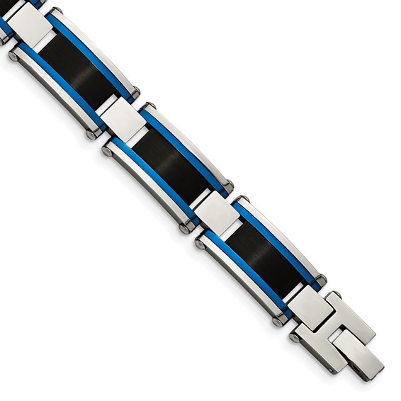 Chisel Stainless Steel Brushed and Polished Black and Blue IP-plated 8.75 inch Link Bracelet