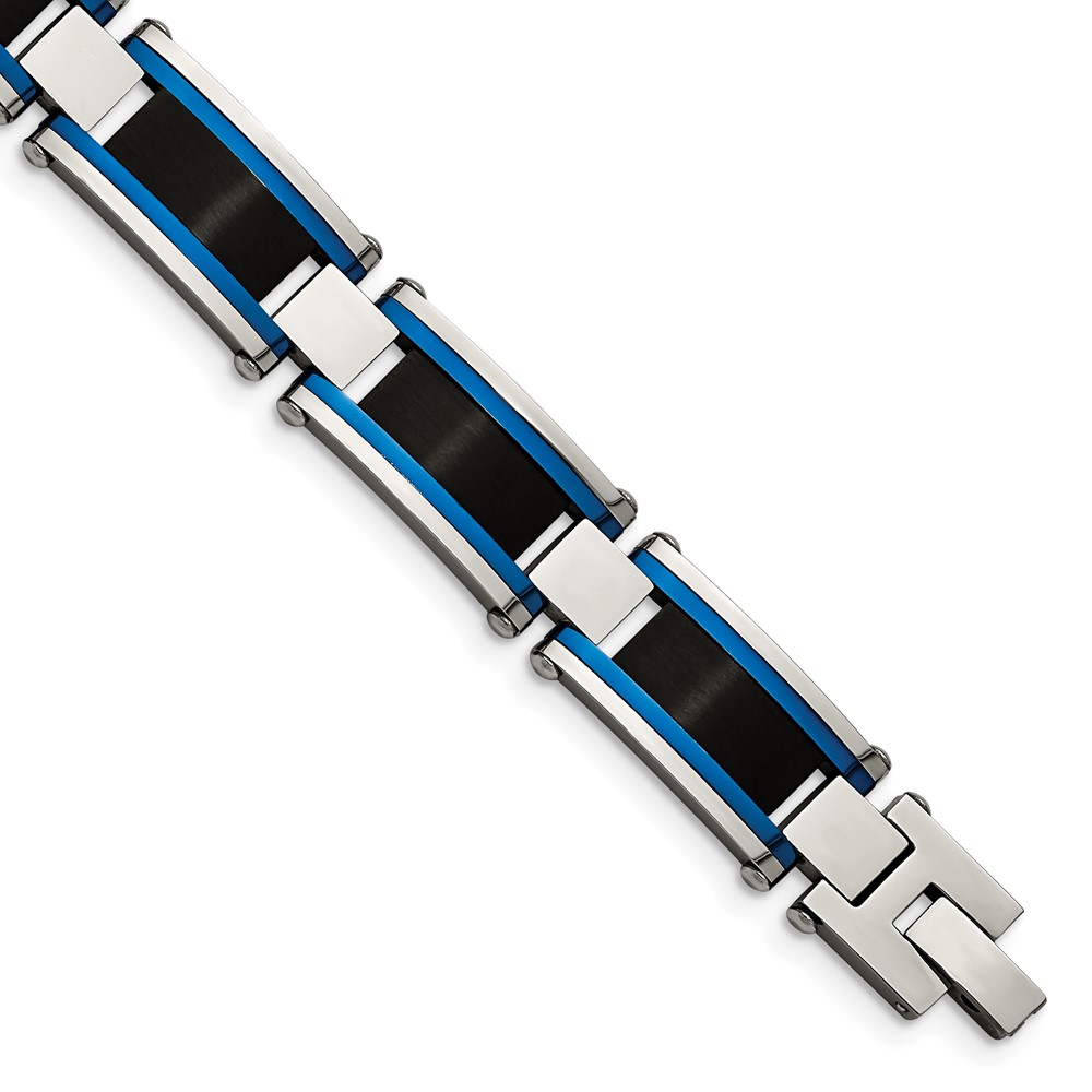 Stainless Steel Brushed and Polished Black & Blue IP-plated 8.75in Bracelet
