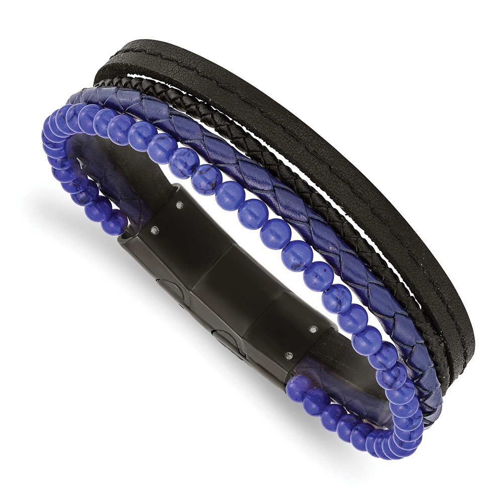 Stainless Steel Polished Black IP with Lapis Leather w/.5in ext Bracelet