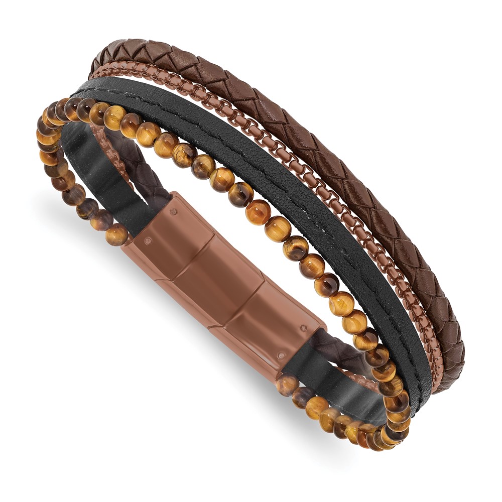 Stainless Steel Polished Brown IP w/Tiger's Eye Leather w/.5in ext Bracelet