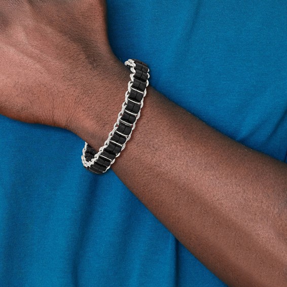 Chisel Stainless Steel Polished Black Leather 8.5 inch Bracelet