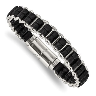 Chisel Stainless Steel Polished Black Leather 8.5 inch Bracelet