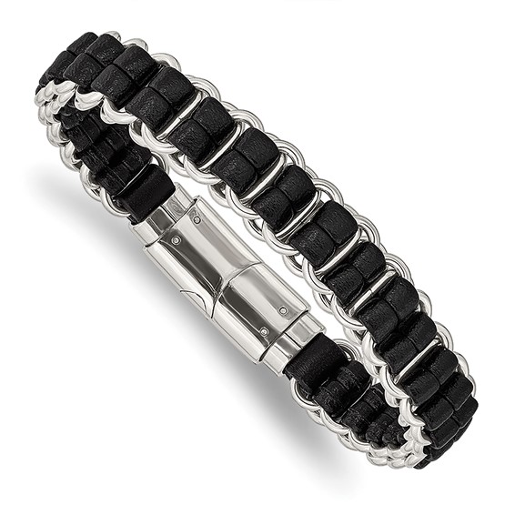 Chisel Stainless Steel Polished Black Leather 8.5 inch Bracelet