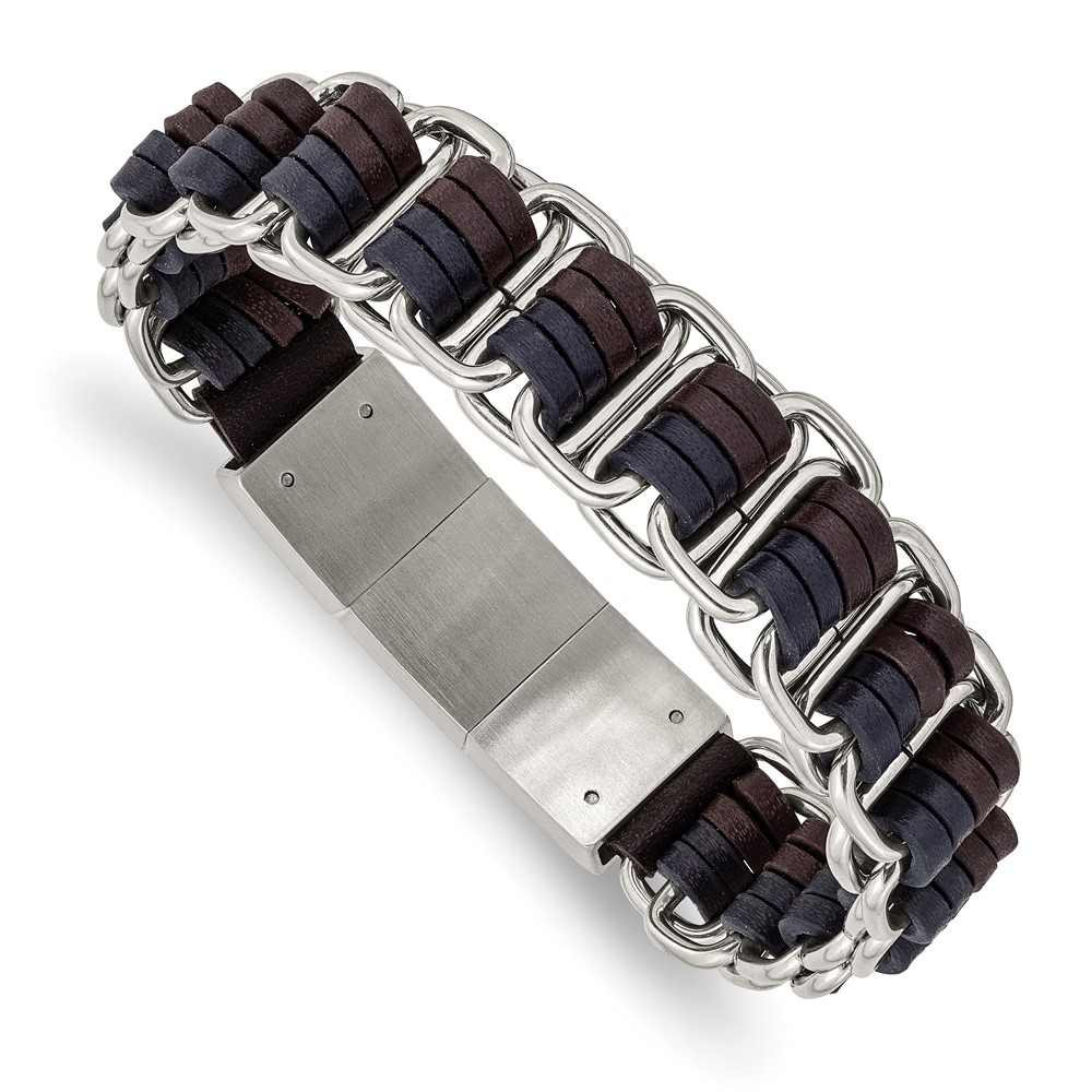 Stainless Steel Polished w/Blue and Brown Leather w/.5in ext 8in Bracelet