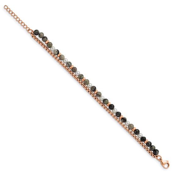 Chisel Stainless Steel Polished Rose IP-plated Box Chain and Picasso Jasper Beads 6.5 inch Bracelet with 1 inch Extension