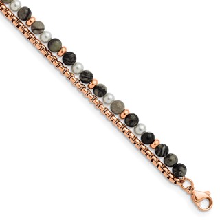 Chisel Stainless Steel Polished Rose IP-plated Box Chain and Picasso Jasper Beads 6.5 inch Bracelet with 1 inch Extension