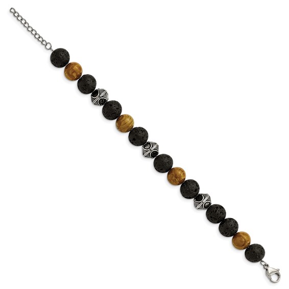 Chisel Stainless Steel Antiqued and Polished 9.5-10mm Lava and Red Wood Stone Beads 7.25 inch Bracelet with 1 inch Extension
