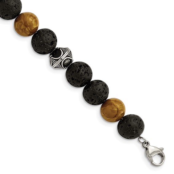 Chisel Stainless Steel Antiqued and Polished 9.5-10mm Lava and Red Wood Stone Beads 7.25 inch Bracelet with 1 inch Extension