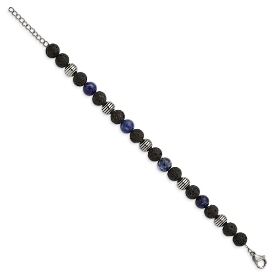 Chisel Stainless Steel Antiqued and Polished with Lava Stone and Sodalite Beads 7.5 inch Bracelet with 1 inch Extension