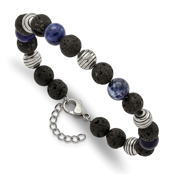 Chisel Stainless Steel Antiqued and Polished with Lava Stone and Sodalite Beads 7.5 inch Bracelet with 1 inch Extension