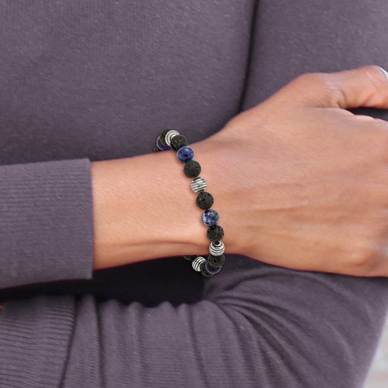 Chisel Stainless Steel Antiqued and Polished with Lava Stone and Sodalite Beads 7.5 inch Bracelet with 1 inch Extension