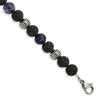 Chisel Stainless Steel Antiqued and Polished with Lava Stone and Sodalite Beads 7.5 inch Bracelet with 1 inch Extension