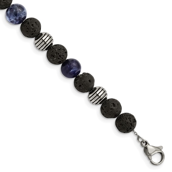 Chisel Stainless Steel Antiqued and Polished with Lava Stone and Sodalite Beads 7.5 inch Bracelet with 1 inch Extension