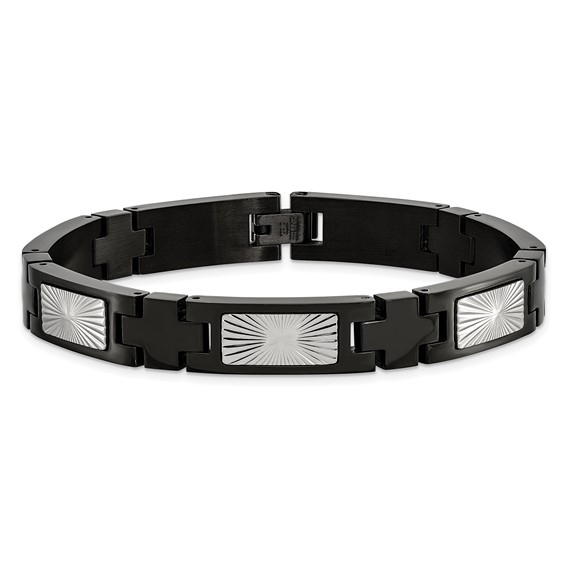 Chisel Stainless Steel Polished and Textured Starburst Design Black IP-plated 8.5 inch Link Bracelet