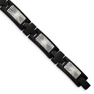 Chisel Stainless Steel Polished and Textured Starburst Design Black IP-plated 8.5 inch Link Bracelet