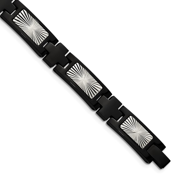 Chisel Stainless Steel Polished and Textured Starburst Design Black IP-plated 8.5 inch Link Bracelet
