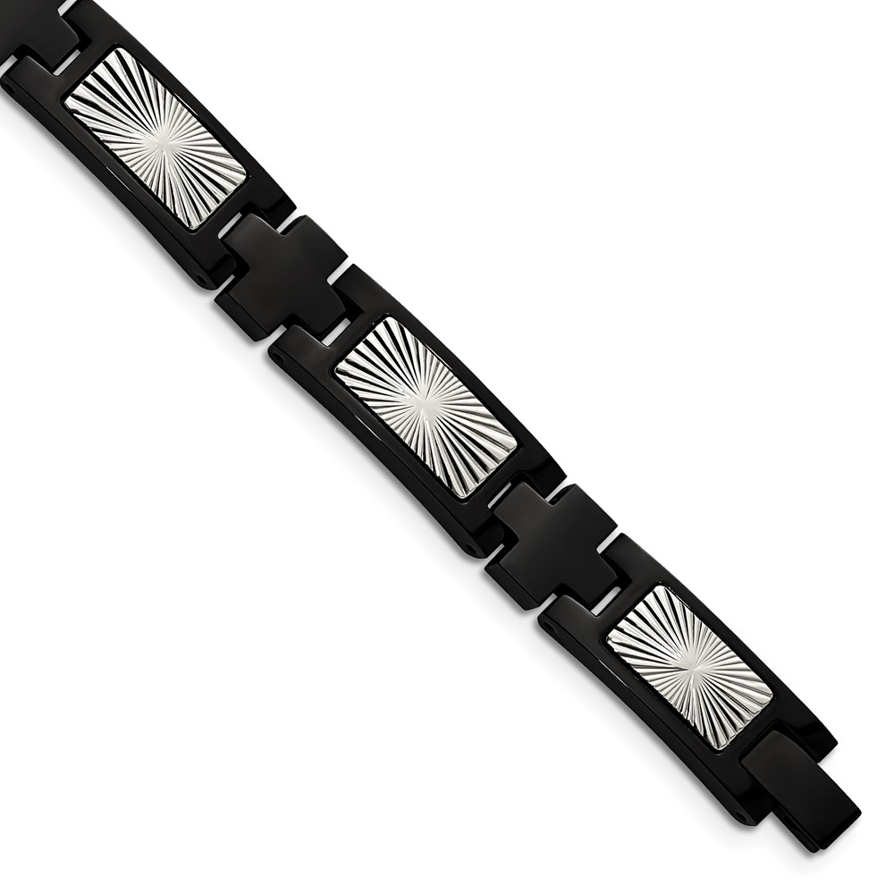 Stainless Steel Polished and Textured Black IP-plated 8.5in Bracelet