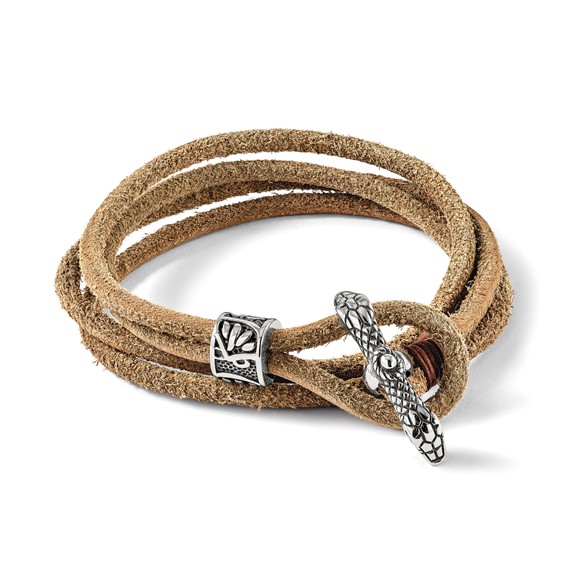 Chisel Stainless Steel Antiqued and Polished Snake Heads Tan Leather 16 inch Wrap Bracelet
