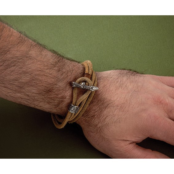 Chisel Stainless Steel Antiqued and Polished Snake Heads Tan Leather 16 inch Wrap Bracelet