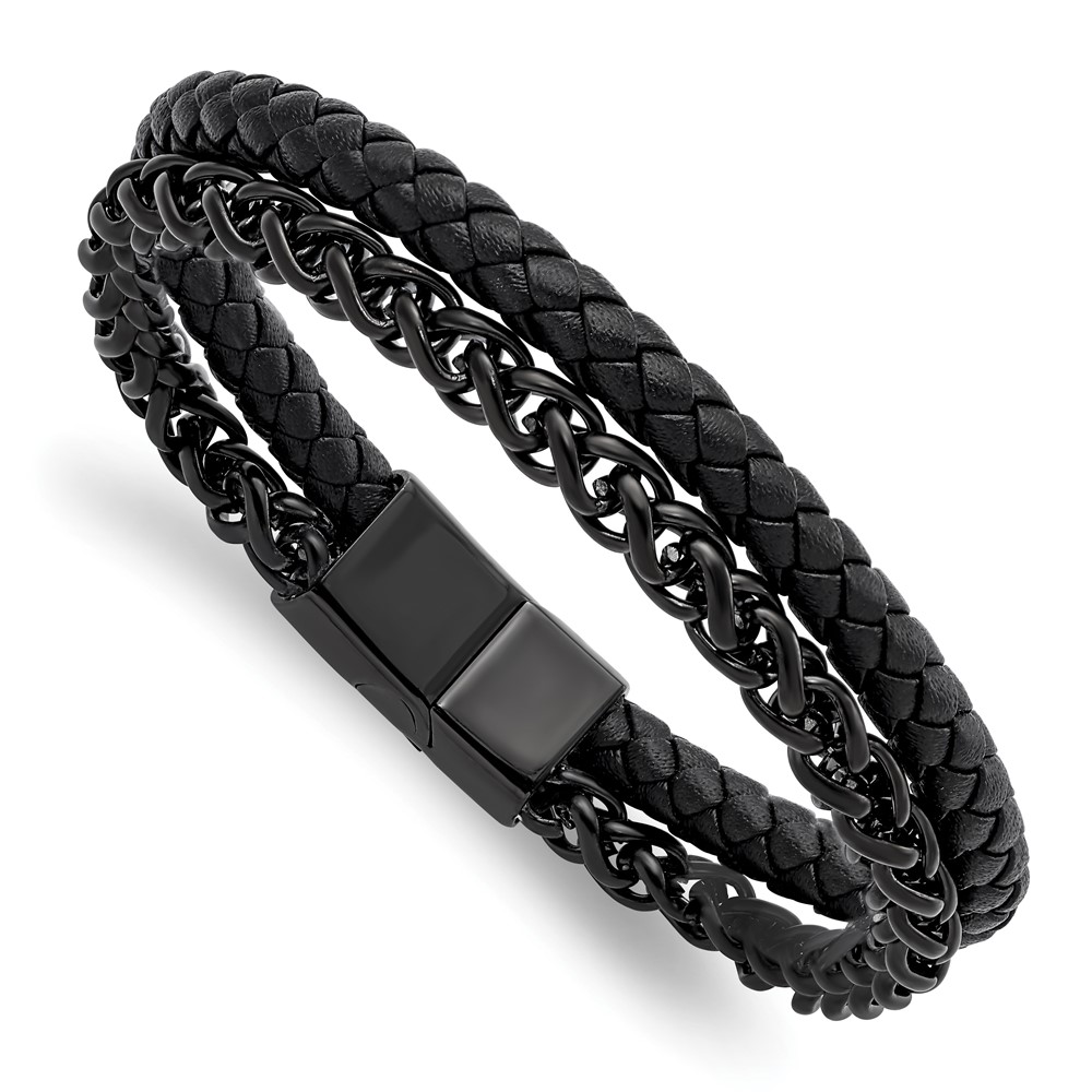 Stainless Steel Polished Black IP-plated Chain Black Leather 8.5in Bracelet