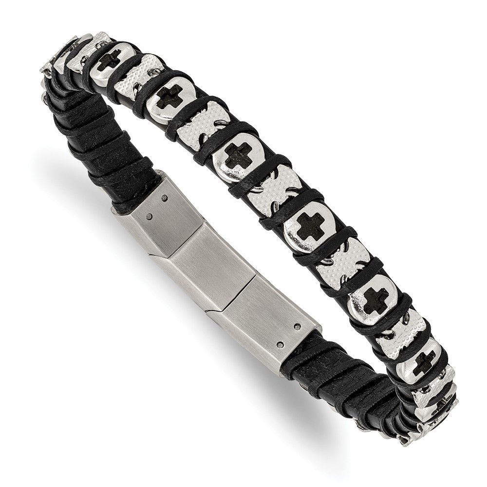 Stainless Steel Polished Cross Black Leather 8in w/.5in ext Bracelet