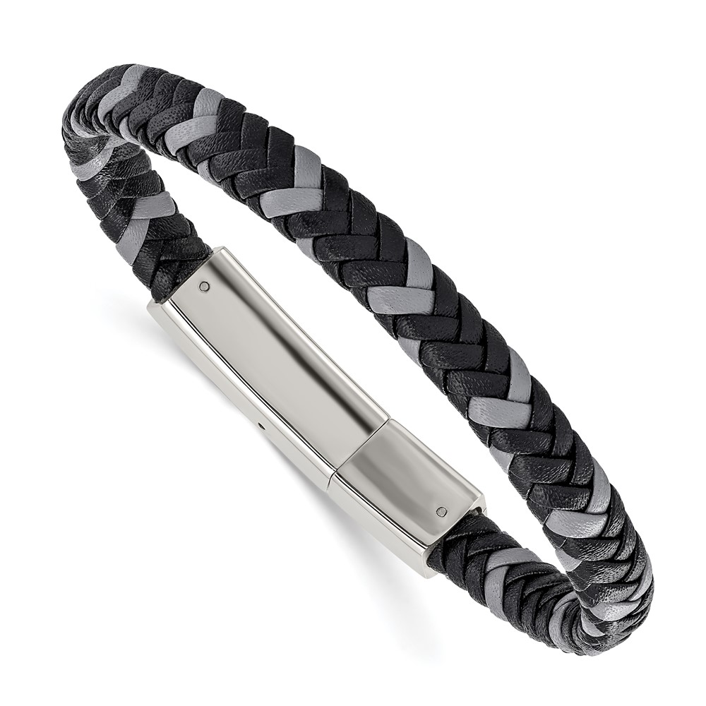 Stainless Steel Polished Black and Grey Braided Leather 8in Bracelet