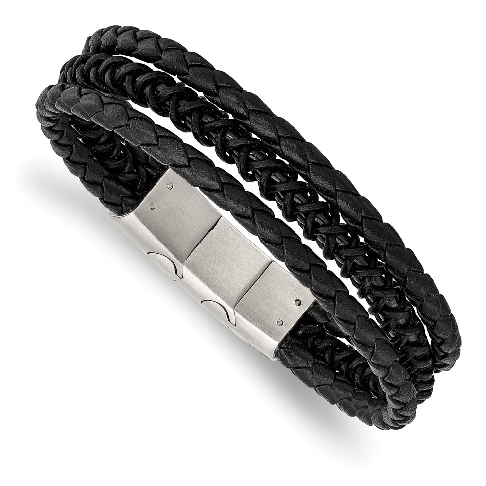 Stainless Steel Brushed & Polished Black IP Leather w/.5in ext Bracelet