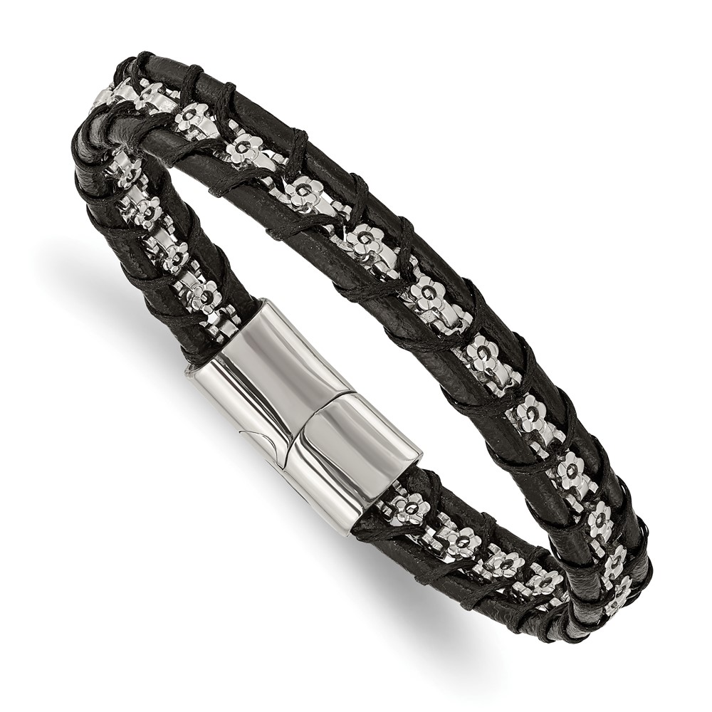 Stainless Steel Polished Flower Link Black Leather 8.25in Bracelet