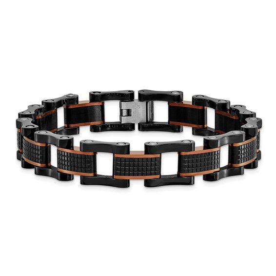 Chisel Stainless Steel Polished and Textured Black and Brown IP-plated 8.25 inch Open Link Bracelet