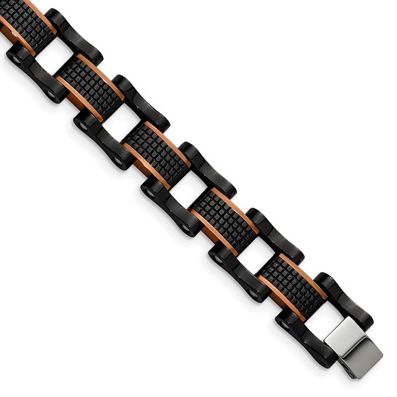 Chisel Stainless Steel Polished and Textured Black and Brown IP-plated 8.25 inch Open Link Bracelet